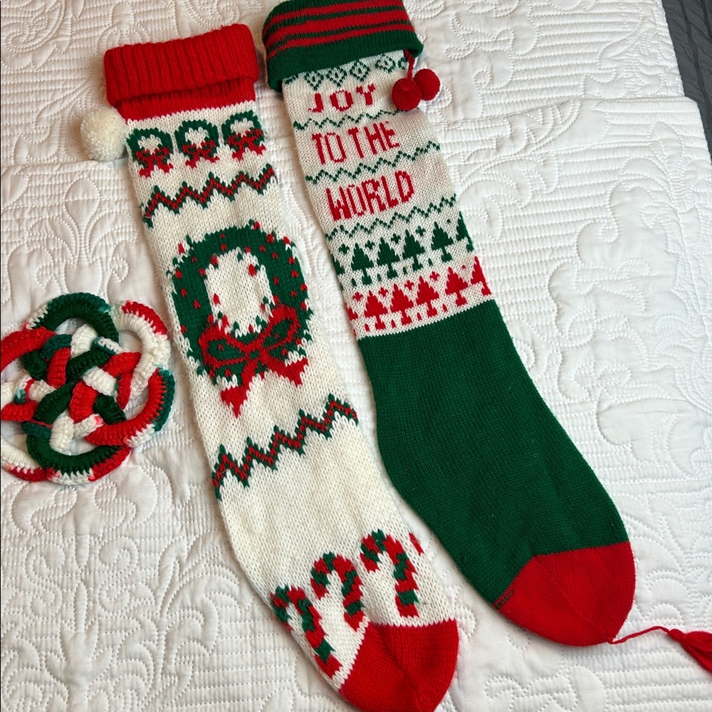 Set of 3 Vintage Knit Christmas 2 Stockings Joy to the World & wreath & doiley